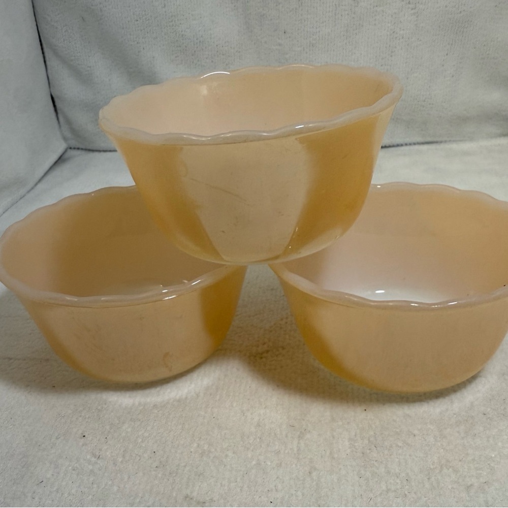 Vintage Anchor Hocking Fire King Peach Luster 6oz. Custard Bowls
Set of Three